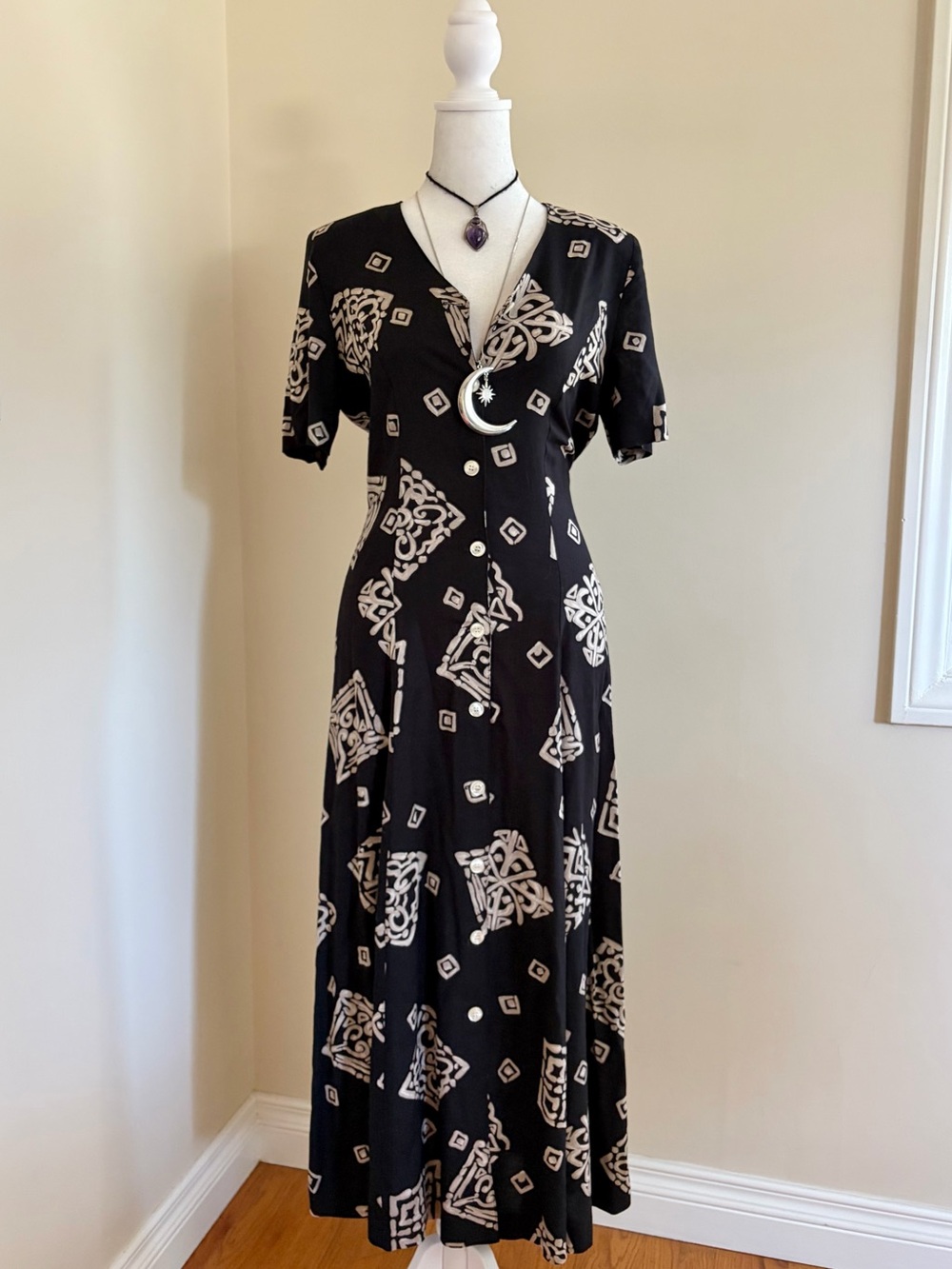 Vintage 90s boho witch whimsygoth black spiral button front maxi dress grunge 6
